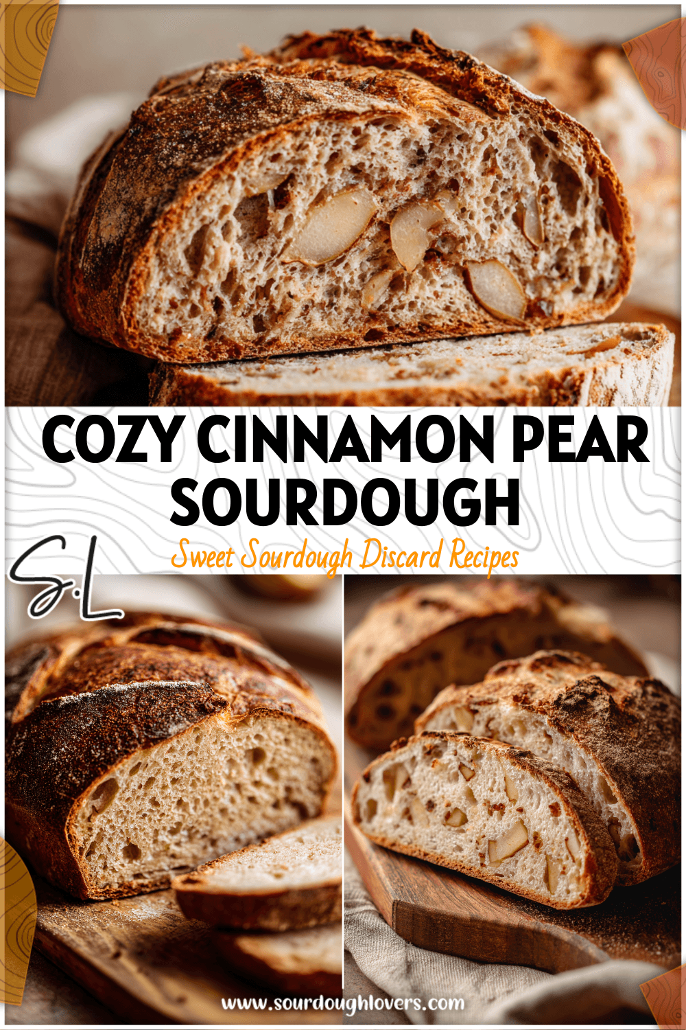 A sliced cinnamon pear sourdough loaf with a golden crust and soft spiced crumb on a wooden board.